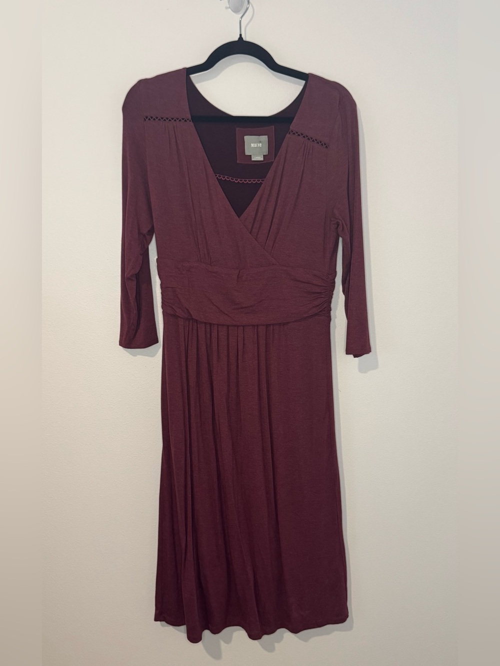 Maeve Anthropologie Burgundy Faux Wrap Midi Dress Women’s Large 3/4 Sleeve